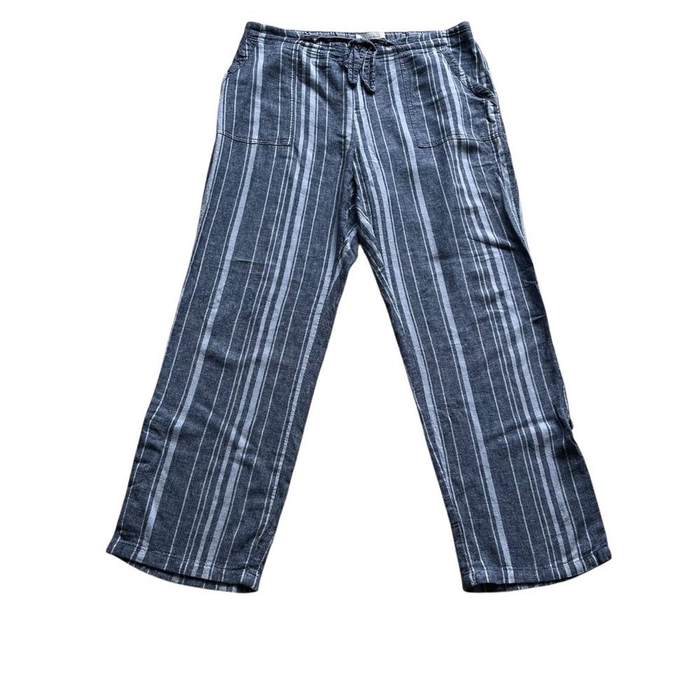 Ellen Tracy Sz L Gray Blue Stripe Linen Blend Pull-on Pants Elastic Drawstring